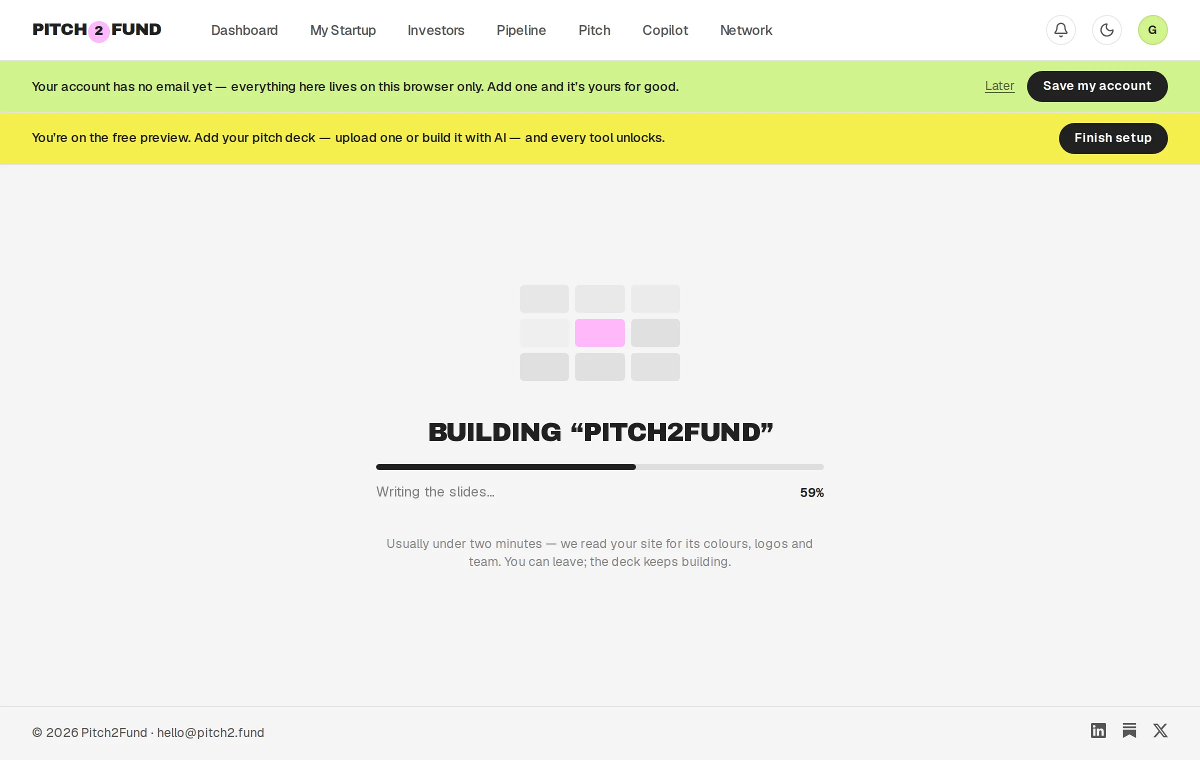 The deck being built: a progress bar part-way along, and the stage 'Writing the slides…'.