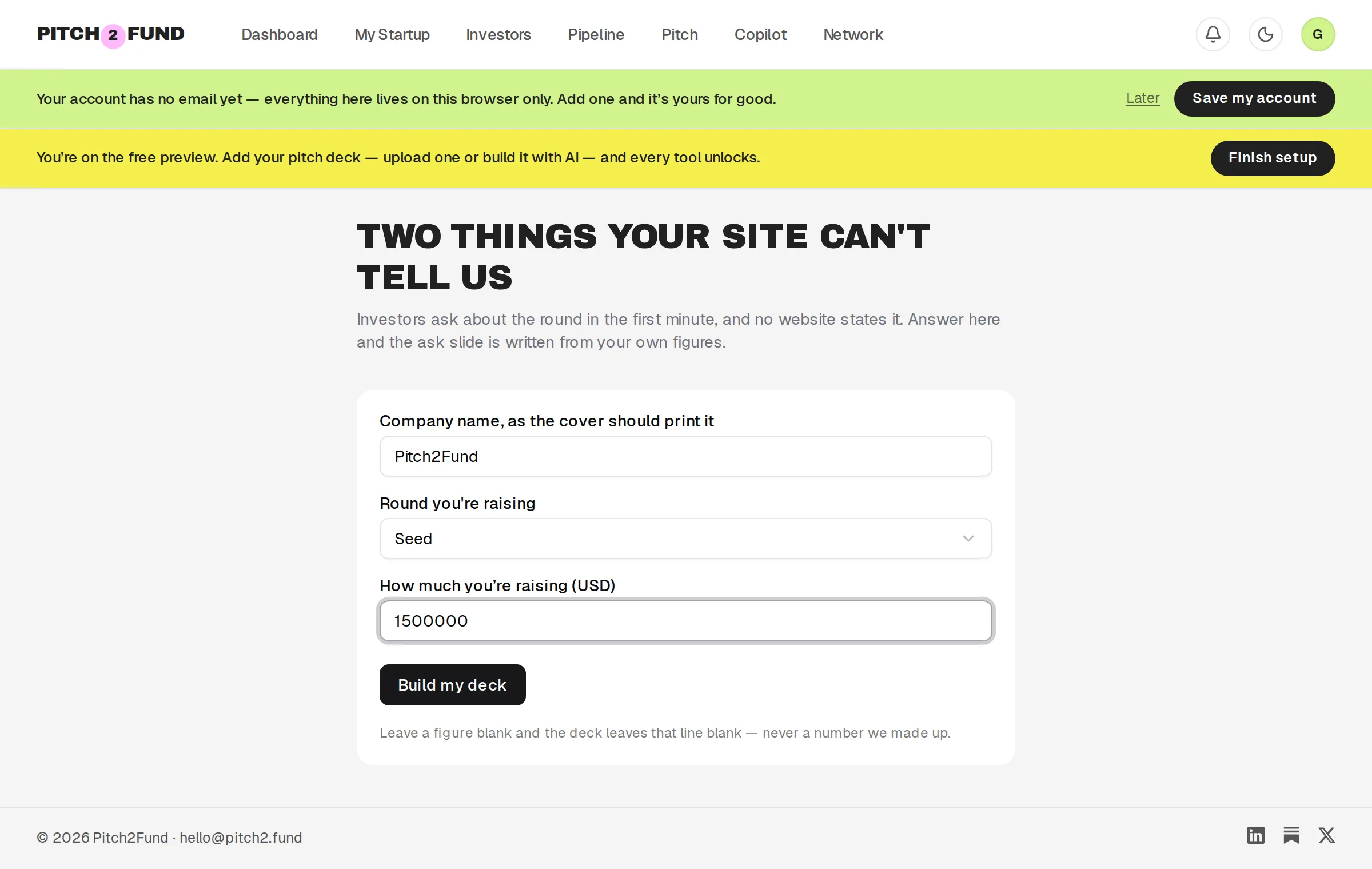 The two questions a website cannot answer: the round being raised and the amount, above a 'Build my deck' button.
