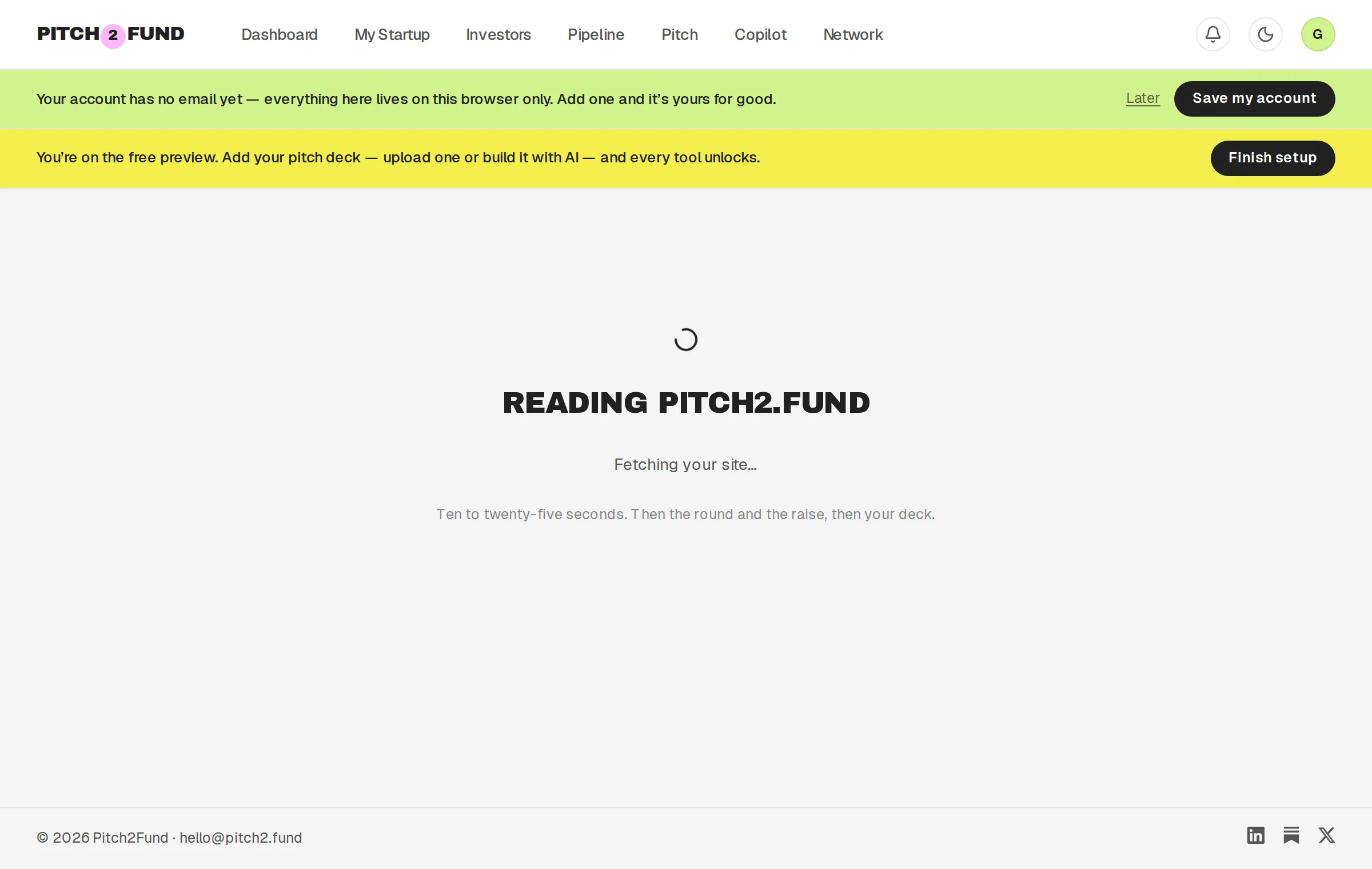 The autopilot reading a website: a spinner, 'Reading pitch2.fund', and the line 'Reading what it says…'.